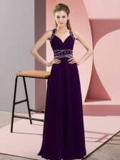 Elegant Purple Straps Neckline Beading Prom Dresses Sleeveless Backless