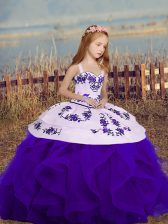  Purple Lace Up Straps Embroidery and Ruffles Little Girls Pageant Gowns Sleeveless