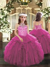  Fuchsia Lace Up Halter Top Beading and Ruffles Kids Formal Wear Tulle Sleeveless