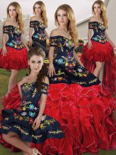 On Sale Ball Gowns Quinceanera Gowns Red And Black Off The Shoulder Organza Sleeveless Floor Length Lace Up