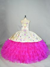  Lace Up Sweet 16 Dress Fuchsia for Sweet 16 and Quinceanera with Embroidery and Ruffled Layers