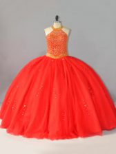 Luxurious Sleeveless Tulle Floor Length Lace Up Quinceanera Gown in Coral Red with Beading