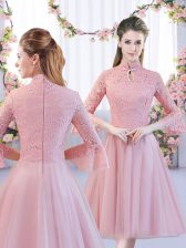 Hot Selling Tulle High-neck 3 4 Length Sleeve Zipper Lace Dama Dress in Pink 