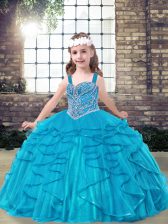  Blue Sleeveless Tulle Lace Up Little Girl Pageant Dress for Party and Military Ball and Wedding Party