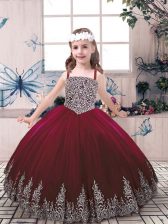  Burgundy Ball Gowns Beading and Embroidery Little Girls Pageant Dress Wholesale Lace Up Tulle Sleeveless Floor Length