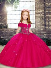 High Quality Beading Little Girls Pageant Dress Fuchsia Lace Up Sleeveless Floor Length