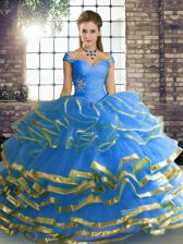 Excellent Blue Tulle Lace Up Off The Shoulder Sleeveless Floor Length Sweet 16 Quinceanera Dress Beading and Ruffled Layers
