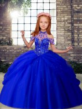 Perfect Halter Top Sleeveless Pageant Gowns For Girls Floor Length Beading Royal Blue Tulle