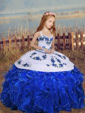  Straps Sleeveless Organza Kids Pageant Dress Embroidery and Ruffles Lace Up