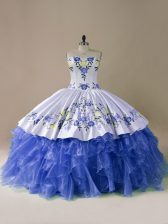Excellent Blue And White Satin and Organza Lace Up Quinceanera Dress Sleeveless Brush Train Embroidery and Ruffles