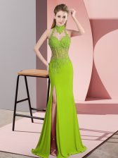  Lace and Appliques Prom Dresses Green Backless Sleeveless Floor Length