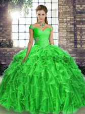 Modest Organza Off The Shoulder Sleeveless Brush Train Lace Up Beading and Ruffles Vestidos de Quinceanera in Green