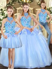 Exceptional Sleeveless Organza Floor Length Lace Up Quince Ball Gowns in Blue with Embroidery