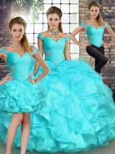 Beauteous Sleeveless Floor Length Beading and Ruffles Lace Up Quinceanera Dress with Aqua Blue