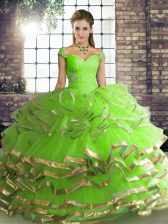 Deluxe Off The Shoulder Sleeveless Tulle Quinceanera Gowns Beading and Ruffled Layers Lace Up