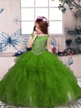  Olive Green Ball Gowns Scoop Sleeveless Organza Floor Length Zipper Beading and Ruffles Little Girls Pageant Dress Wholesale