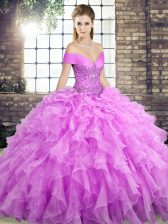 Smart Organza Sleeveless Quince Ball Gowns Brush Train and Beading and Ruffles