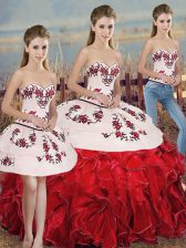 New Style Floor Length Three Pieces Sleeveless White And Red Quinceanera Dress Lace Up