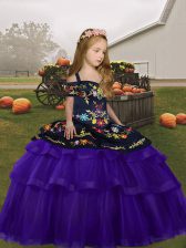 Top Selling Straps Sleeveless Kids Pageant Dress Floor Length Embroidery and Ruffles Purple Organza and Tulle