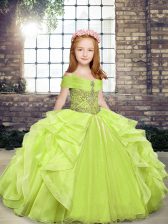  Yellow Green Ball Gowns Straps Sleeveless Organza Floor Length Lace Up Beading and Ruffles Child Pageant Dress