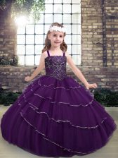  Eggplant Purple Sleeveless Tulle Lace Up Little Girls Pageant Gowns for Party and Wedding Party