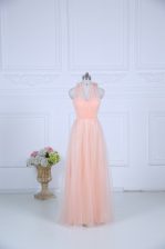 Beautiful Peach Empire Halter Top Sleeveless Tulle Floor Length Zipper Ruching Quinceanera Court of Honor Dress