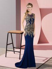  Sleeveless Satin Sweep Train Zipper Homecoming Dress in Royal Blue with Appliques