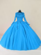  Blue Ball Gowns Lace and Appliques Quinceanera Gown Zipper Tulle Long Sleeves Floor Length