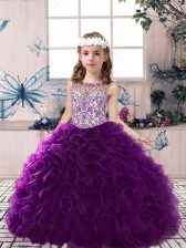  Sleeveless Organza Floor Length Lace Up Little Girl Pageant Gowns in Purple with Beading and Ruffles