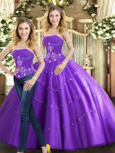 Free and Easy Purple Two Pieces Beading Quinceanera Dress Lace Up Tulle Sleeveless Floor Length