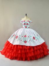 Beauteous Court Train Ball Gowns Sweet 16 Dresses White And Red Off The Shoulder Organza Sleeveless Lace Up