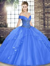 Pretty Sleeveless Tulle Floor Length Lace Up Sweet 16 Dresses in Blue with Beading and Ruffles