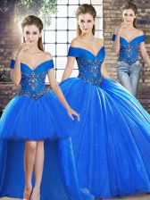  Royal Blue Off The Shoulder Lace Up Beading Quince Ball Gowns Brush Train Sleeveless
