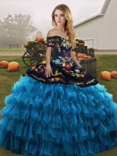 Lovely Blue And Black Off The Shoulder Lace Up Embroidery and Ruffled Layers Sweet 16 Quinceanera Dress Sleeveless
