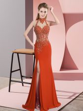  Orange Red Prom Gown Prom and Party and Military Ball with Lace and Appliques High-neck Sleeveless Backless