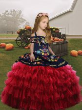  Red Organza Lace Up Straps Sleeveless Floor Length Little Girl Pageant Gowns Embroidery