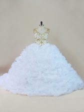 New Arrival White Sleeveless Brush Train Beading and Pick Ups Quinceanera Gown