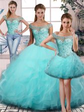 Best Selling Aqua Blue Ball Gowns Off The Shoulder Sleeveless Tulle Lace Up Beading and Ruffles Quince Ball Gowns