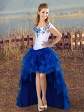  High Low Blue And White Dress for Prom Organza Sleeveless Embroidery
