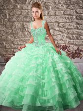  Straps Sleeveless Quinceanera Dresses Court Train Beading and Ruffled Layers Apple Green Organza