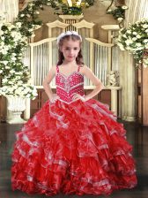Customized Organza Straps Sleeveless Lace Up Beading Little Girl Pageant Dress in Red