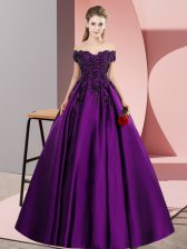 Comfortable Satin Off The Shoulder Sleeveless Zipper Lace and Appliques Ball Gown Prom Dress in Eggplant Purple