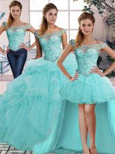 Modest Aqua Blue Sleeveless Tulle Lace Up Quinceanera Dress for Military Ball and Sweet 16 and Quinceanera