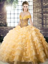 Artistic Gold Off The Shoulder Neckline Beading and Ruffled Layers Quince Ball Gowns Sleeveless Lace Up