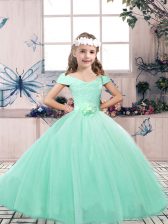Low Price Apple Green Ball Gowns Off The Shoulder Sleeveless Tulle Floor Length Lace Up Lace and Belt Girls Pageant Dresses