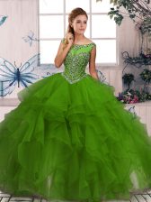  Green Ball Gowns Beading and Ruffles Sweet 16 Dress Zipper Organza Sleeveless Floor Length