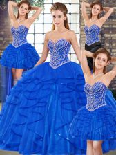Vintage Royal Blue Tulle Lace Up Quinceanera Dresses Sleeveless Floor Length Beading and Ruffles