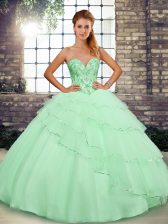 Spectacular Apple Green Lace Up Quinceanera Dresses Beading and Ruffled Layers Sleeveless Brush Train