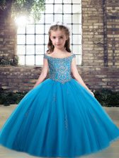 Latest Baby Blue Ball Gowns Tulle Off The Shoulder Sleeveless Beading Floor Length Lace Up Girls Pageant Dresses