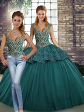  Green Tulle Lace Up Straps Sleeveless Floor Length Quinceanera Dress Beading and Appliques